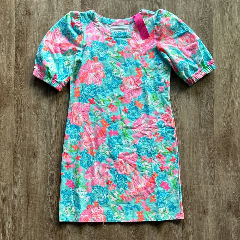 NWT Lilly Pulitzer Cayce Short Puff Sleeve Dress Surf Blue Luscious Lions Medium